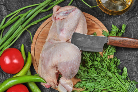 Raw chicken on wooden plate with bunch of fresh vegetablesの写真素材
