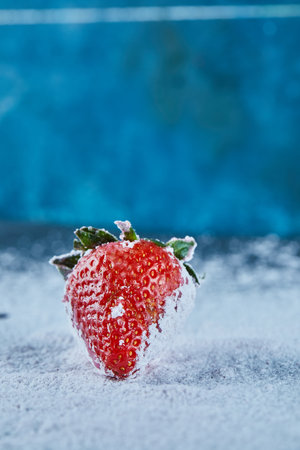 Fresh red strawberry on blue background with powderの写真素材