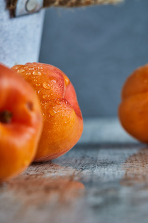 Delicious juicy ripe nectarines on marble background. Close upの写真素材