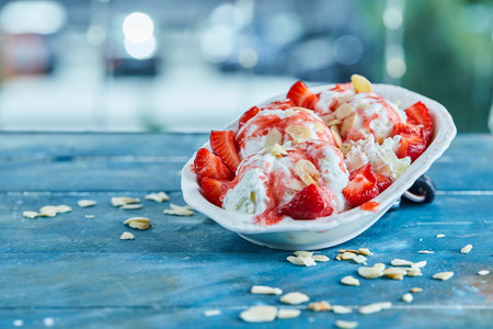 Strawberries vanilla ice-cream with sprinkles in the white plateの写真素材