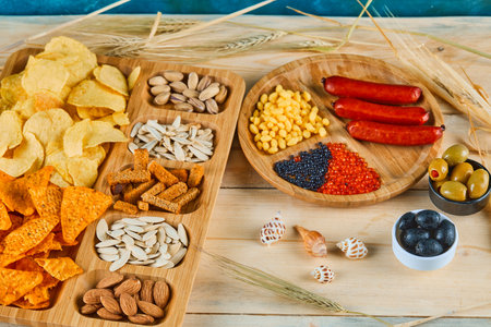 Assorted snacks, a plate of sausages, caviar, and olives on a wooden tableの写真素材