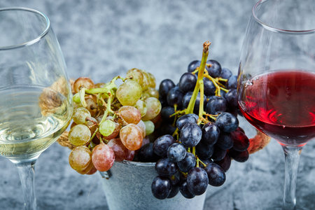 Bunch of white and black grapes and two glasses of white and red wine on blue backgroundの写真素材
