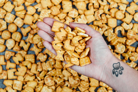 Hand holding alphabet crackers on blue tableの写真素材