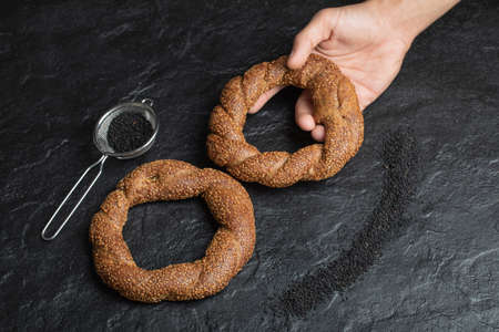 Turkish crunchy round braided bagels with sesame seeds