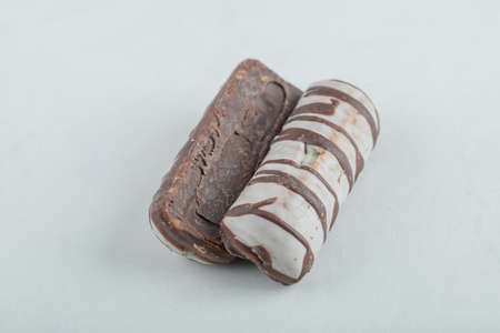 Delicious chocolate bars on a white backgroundの写真素材