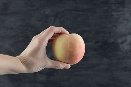 Farmer holding a yellowish redish apple between fingersの写真素材