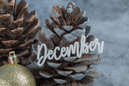 Christmas tree cone with december writing on it and glittering figures aroundの写真素材