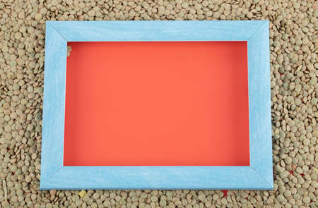 Unprepared lentils on a red background and frameの写真素材