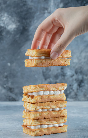 Delicious fresh waffles on a gray backgroundの写真素材