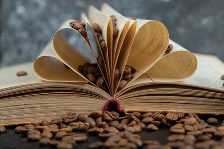 An opened book with coffee beans on a gray backgroundの写真素材