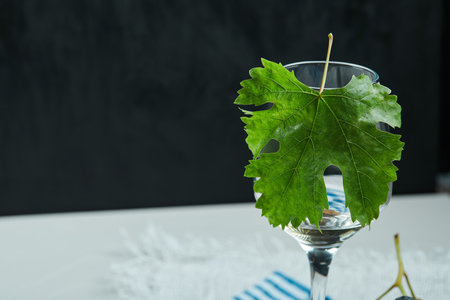 A glass of wine with leaf on white tableの写真素材