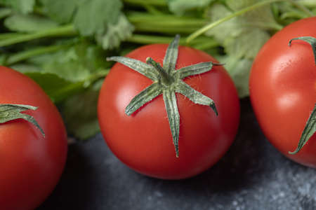 Fresh red tomatoes with greens on a marble background