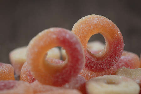 Pinc circle shape jelly beans on the groundの写真素材