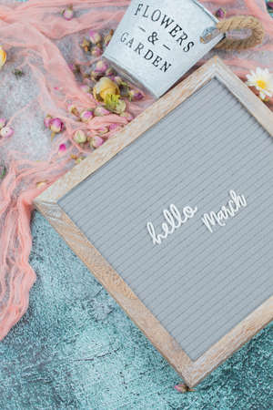 Hello march poster embedded on grey backgroundの写真素材