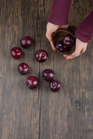 Woman hands holding a wooden bowl with healthy purple plumsの写真素材