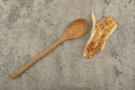 Seed part of yellow melon on marble surface with wooden spoon aside