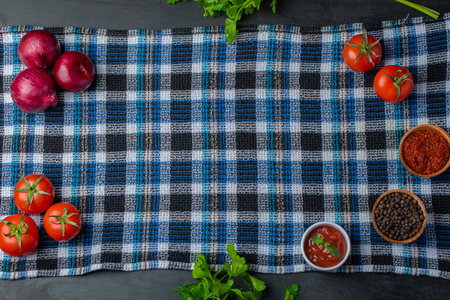 Healthy look. Fresh vegetables. Tomatoes, pomegranate and spicesの写真素材