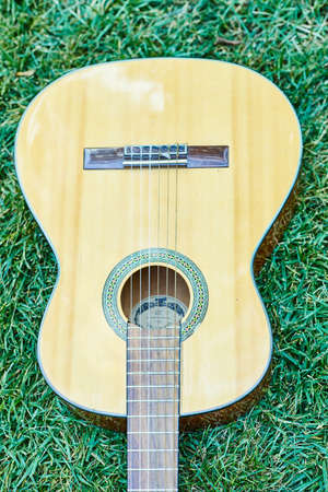 An acoustic guitar on green grass. Close up