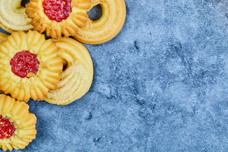 Assorted homemade biscuits on a blue backgroundの写真素材