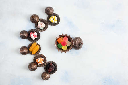 Top view of Turkish delights on white backgroundの写真素材
