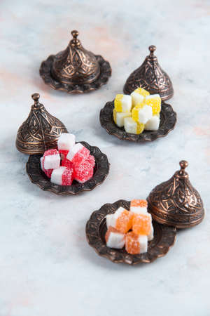 Easy snacks for tea table. Colorful marmaladesの写真素材