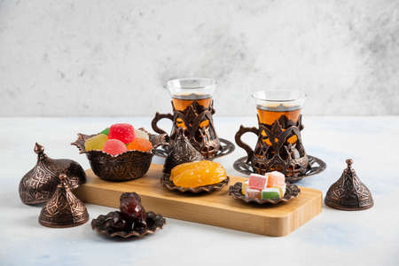 Turkish tea set. Colorful marmalade and fragrant teaの写真素材