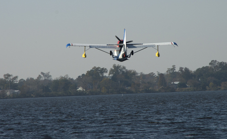 A Seaplane approaches the water for a landing at a festival in Bridgeton ,North Carolina