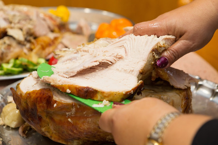 Close Up of Woman Cutting Turkey Slicesの写真素材