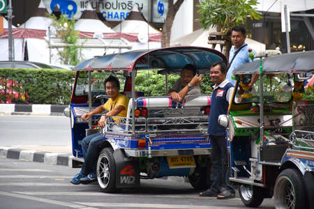 Bangkok, Thailand, 08.20.2019: Three wheeled Tuk Tuk taxis at Siam Square at Rama VI Road. The...