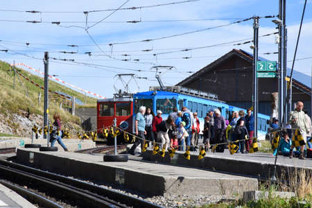 Arth, Switzerland 09.29.2019. People arrived to the end station of the Vitznau and Rigi Kulm...