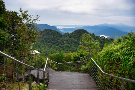 Beautiful stunning scenic panoramic view of Langkawi, its mountain peaks, bays from the top of...