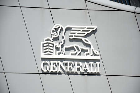 Milano, Italy, 14.07.2019: The famous and legendary Lion of St. Mark logo of the Generali Group since 1848 at the bottom and next to the entrance of the Generali Tower, Lo Storto, The Twisted Oneのeditorial素材