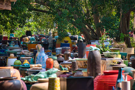 Amazing stunning beautiful colorful ceramic products with many different shapes in the garden of the Tao Hong Tai Ceramics Factory in Ratchaburi, Thailandの写真素材