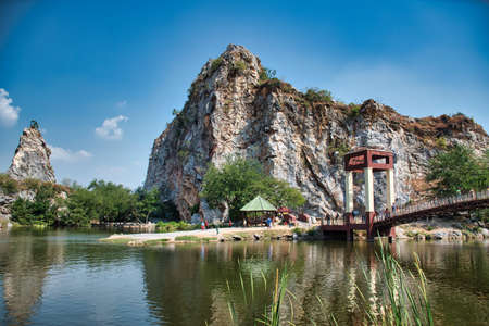 Ratchaburi, Thailand 12.22.2019: Khao Ngu Rock Park, the name Khao Ngu means hills of snakes. Locals believe the area was home to serpents but nowadays is a touristic spot for day-trippersのeditorial素材