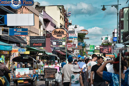 Bangkok, Thailand 01.06.2020: Cityscape pictures during daylight of the famous Khaosan Road or Khao San Road of Bangkok. The area is internationally known as a center of dancing and partyingのeditorial素材