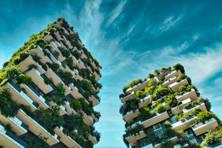 Milan, Italy, 06.29.2020: Vertical Forest (Bosco Verticale) Innovative Green House Skyscraper representing commitment to sustainable economy designed by Boeri Studioの写真素材