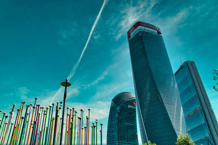 Milan, Italy 08.03.2020: Three Towers (Tre Torri) Allianz (Il Dritto/The Straight One), Generali (Lo...