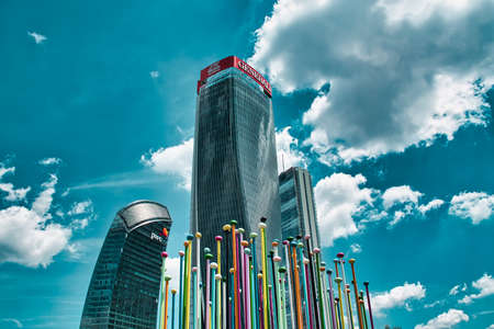 Milan, Italy 08.03.2020: Three Towers (Tre Torri) Allianz (Il Dritto/The Straight One), Generali (Lo...