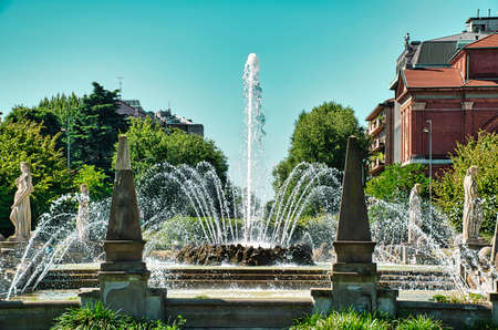 Milan, Italy 08.03.2020: Fountain of The Four Seasons, Fontana delle Quattro Stagioni at Julius Caesar Square, Piazzale Giulio Cesare next to City Life & Tre Torri shopping and business districtsのeditorial素材