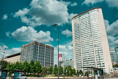 Milan, Italy 08.08,2020: Pirelli Tower, Grattacielo Pirelli or Pirellone skyscraper in front of the Central Railway Station in Milanのeditorial素材
