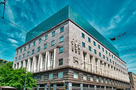 Milan, Italy 08.08.2020: The modern, luxurey, exclusive and reflecting Armani Hotel on Via Alessandro Manzoni in Montenapoleone fashion districtのeditorial素材