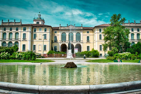 Milan, Italy 08.08.2020: Fountain in front of Palazzo Dugnani, Dugnani Palace. Grand 17th-century...