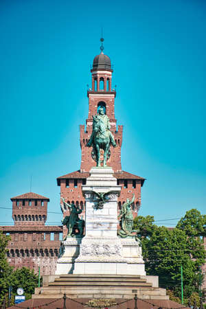 Milan, Italy, 08.29.2020 A giant Giuseppe Garibaldi Monument, Monumento a Giuseppe Garibaldi in front of Sforza Castle, Castello Sforzesco in Milanのeditorial素材