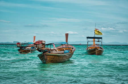 Koh Lipe, Thailand 12.10.2021 Thai traditional Long tail boats resting on the shores of the magical island Koh Lipeのeditorial素材