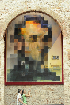 Picture of Dali wife Gala contemplating the mediterranean sea. The same picture  observed at twenty meters becomes the portrait of Abraham Lincolnのeditorial素材