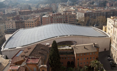 Aerial viewof Paulus VI Audience Hall in the Vatican City, designed by Pier Luigi Nervi, whose roof is covered with solar panelsのeditorial素材