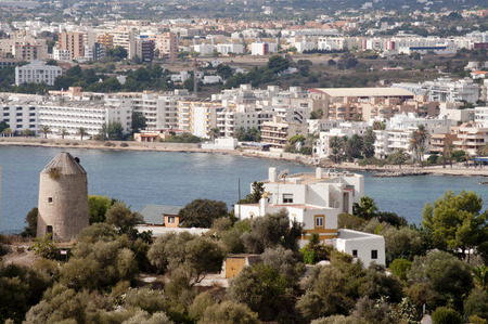 Panoramic view of the coast of Ibiza and the fortress overlooking the cityのeditorial素材