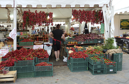 RIETI, ITALY, September 2018. Sale of chili pepper at the market on the occasion of the traditional chili festivalのeditorial素材
