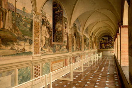 Abbey of Monte Oliveto Maggiore, Siena, Tuscany - Italy, March 7, 2019: Frescoes surrounding the cloister of the Abbeyのeditorial素材