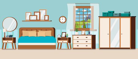 Bedroom with window view of summer day landscape with blue lake and furniture: wardrobe with mirror, bed, nightstand, chest of drawers, watch, alarm clock, lamp. Cartoon flat style vector illustrationのイラスト素材